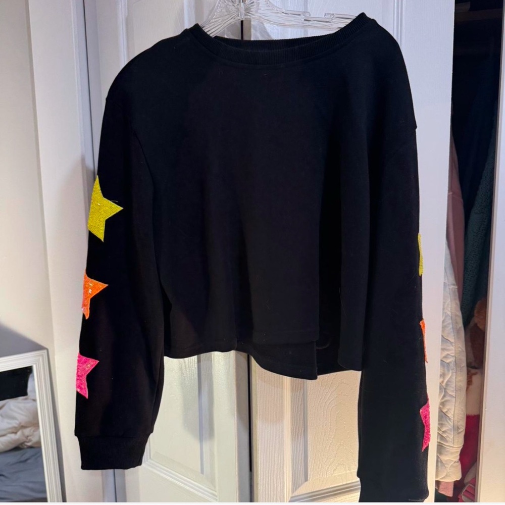 Black Cropped Sweatshirt with Neon Star Sleeves